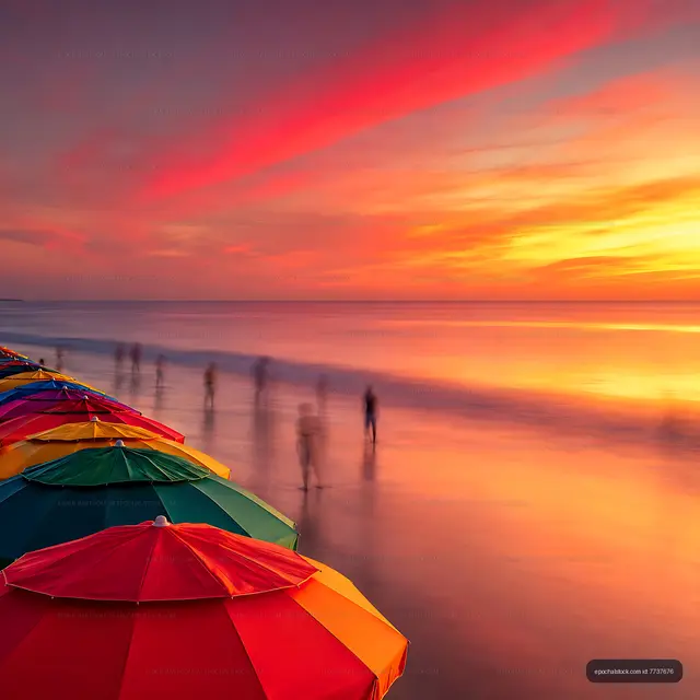 Colorful umbrellas line a beach at sunset with people walking