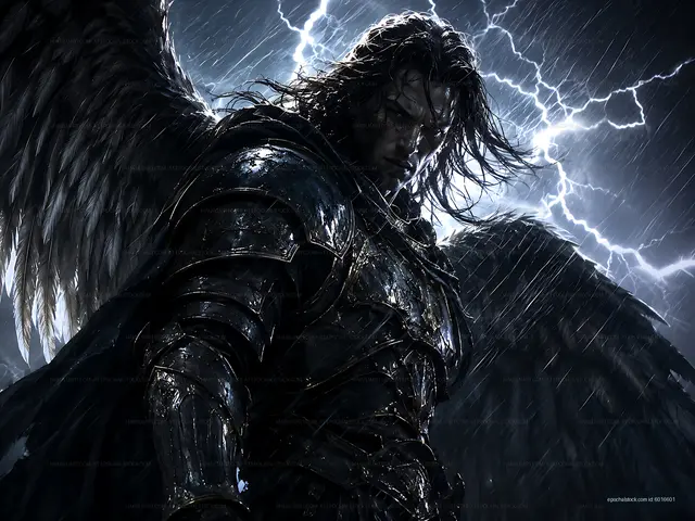 Warrior with wings in dark stormy landscape