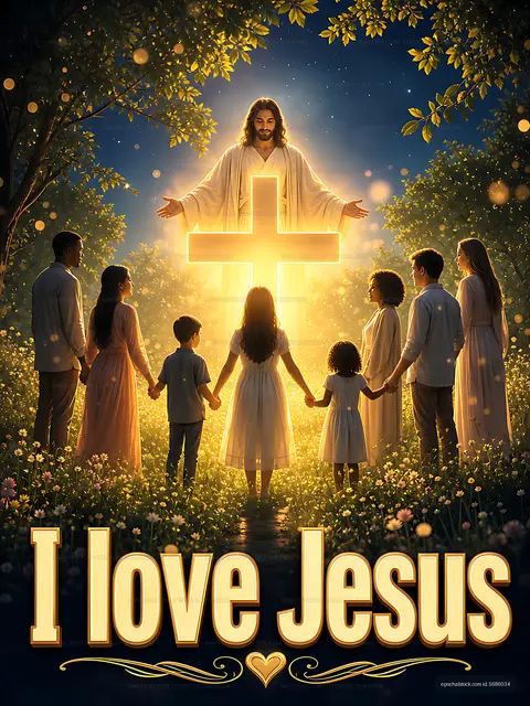People holding hands around a glowing cross in the forest