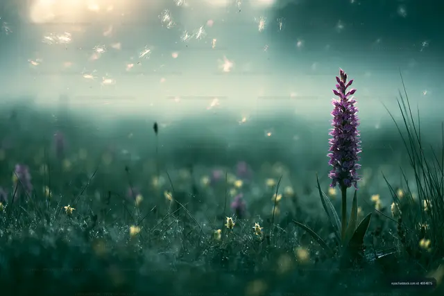 Purple flower stands in a misty field at dawn