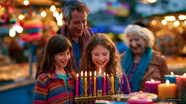 Family celebration at a market with menorah and candles