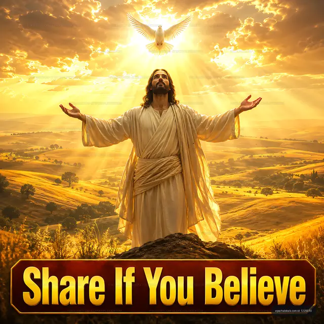 Jesus standing on a hill with arms raised during sunset