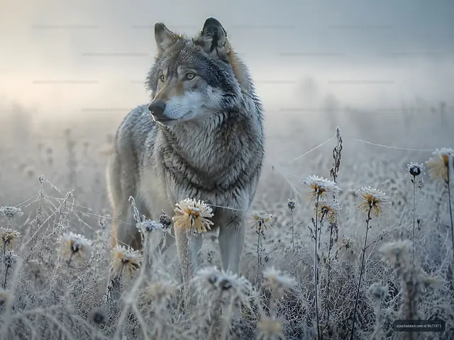 Wolf standing in a frosty meadow with flowers and fog