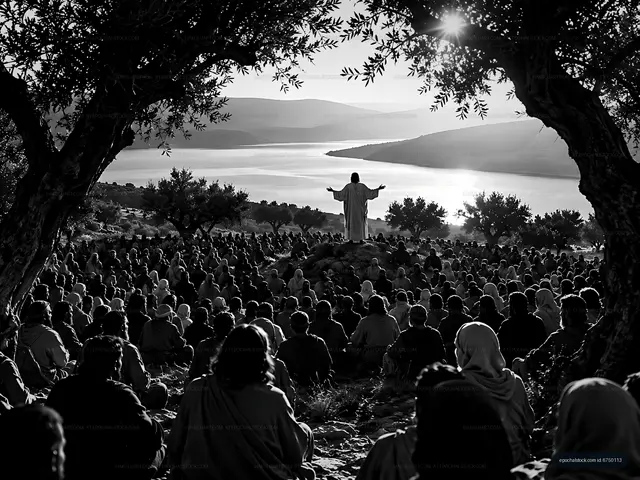 Crowd gathered for a speaker by a lake during the day