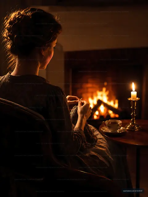 Woman knitting by a candlelit fire in a cozy setting