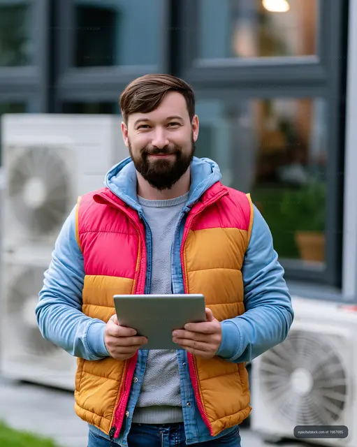 Man in colorful vest holding tablet outside a building