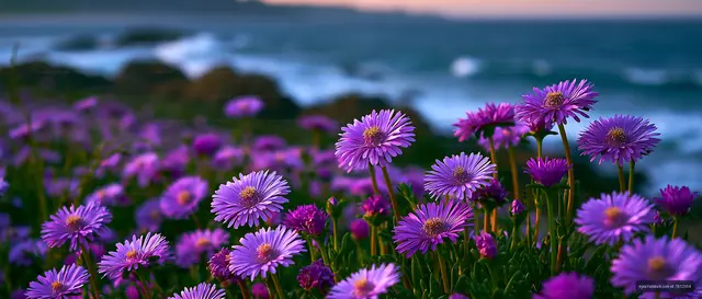 Violet flowers by the ocean at sunset