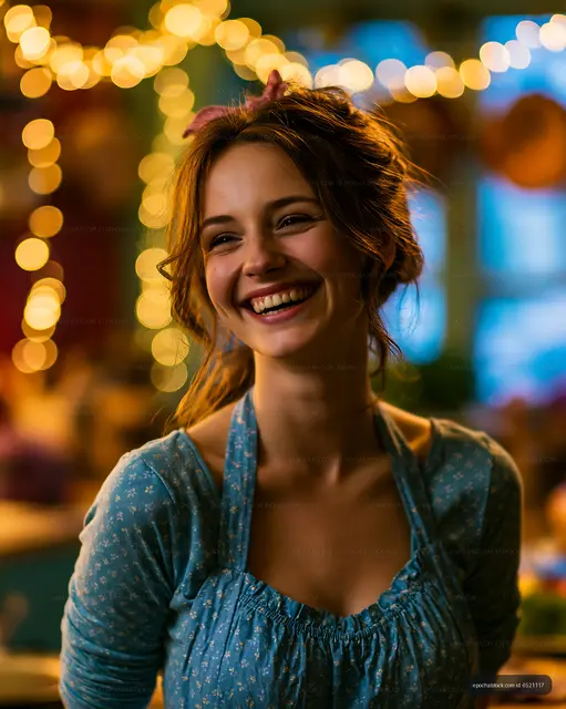 Young woman smiling in a cozy room with string lights