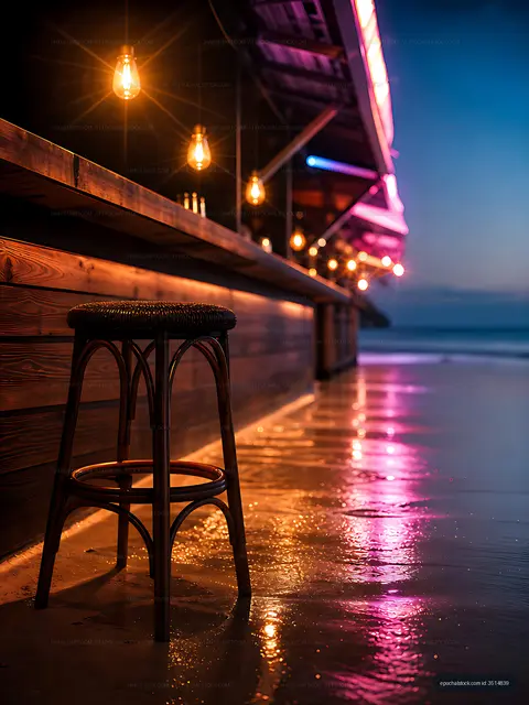 Empty bar stool by the beach during blue hour with lights