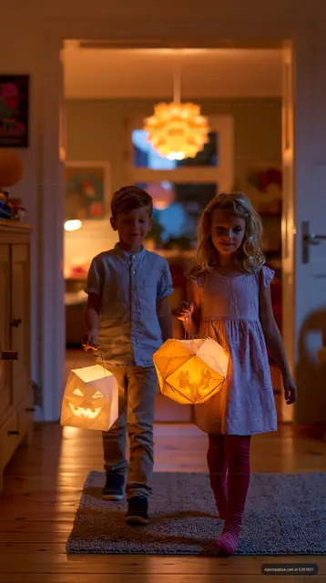 Children walking with lanterns in a dimly lit room
