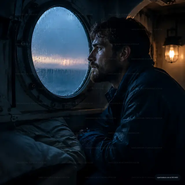 Man looking out of ship window during stormy weather