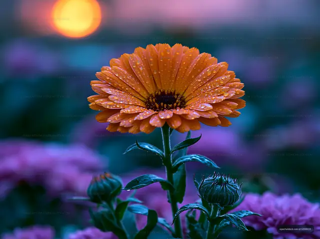 Orange flower with water droplets in a purple garden at sunset