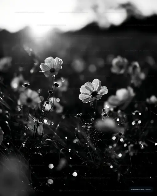 Black and white flowers in a field during sunset