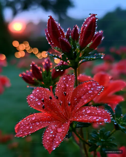 Close-up of red flowers with water droplets at sunset