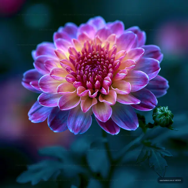 Close up of a colorful flower with purple and yellow petals