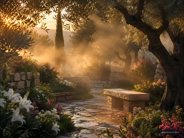 Sunlight filters through trees in a garden setting