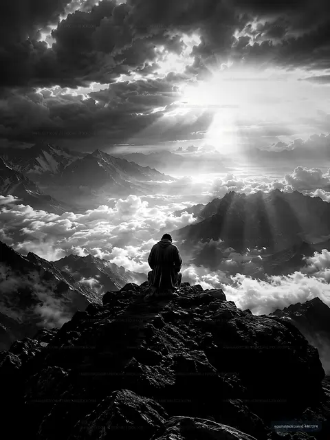 Man sitting on rocks overlooking mountains and clouds at sunset