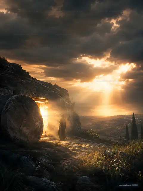 Light breaking through the entrance of a cave at sunset