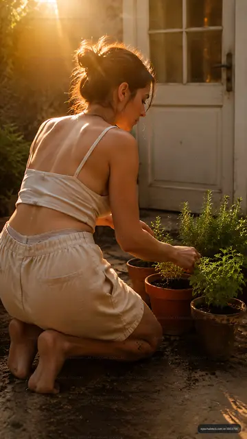 Woman gardening in sunlight near door of a home