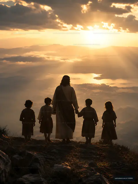Jesus walking with children at sunset on a mountain