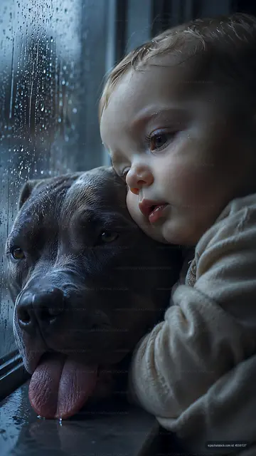 Child and dog look out a rainy window together