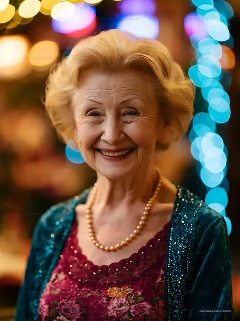 Smiling elderly woman with pearls at a festive gathering