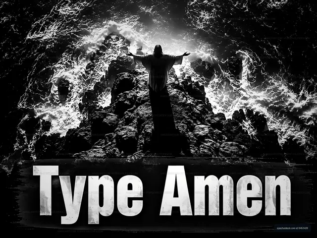 Salvation figure with raised arms on rocky shore during storm