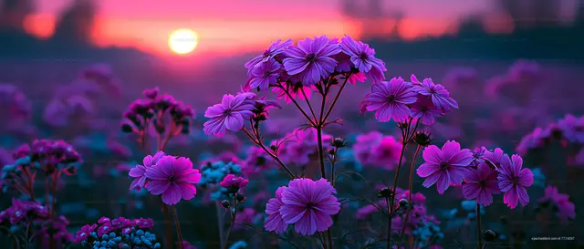 Colorful flowers blooming at sunset in a vast field