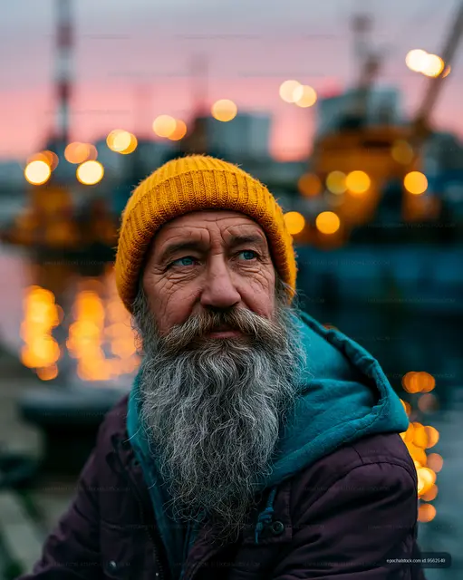 Man with beard and yellow hat sitting by the water during sunset