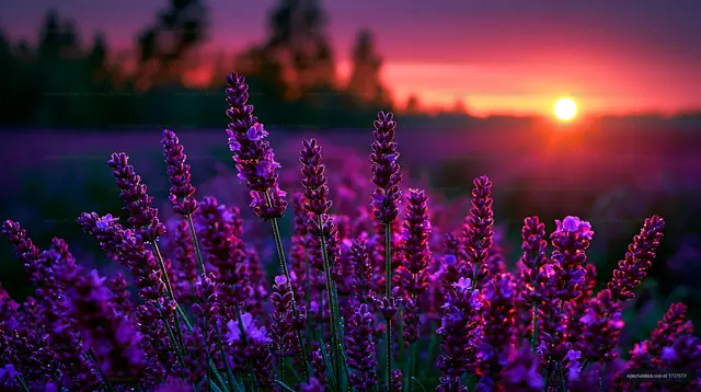 Lavender field at sunset with purple flowers and warm light
