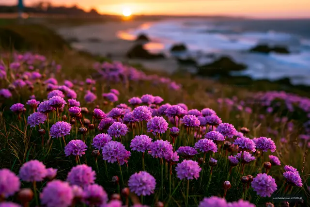 Sunset over purple flowers by the ocean