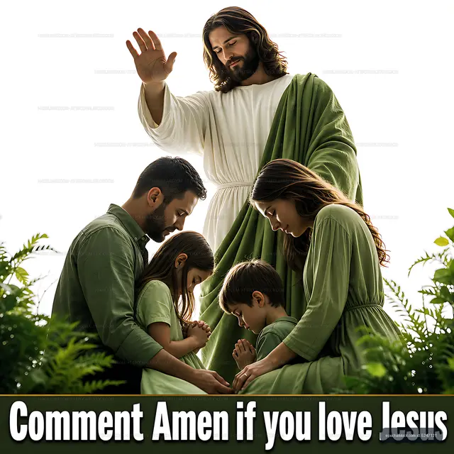 Family gathers in prayer with figure of Jesus