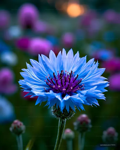 Blue flower with purple center in a colorful field at sunset