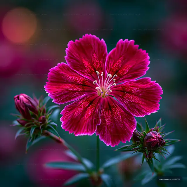 Bright pink flower with buds against a dark background