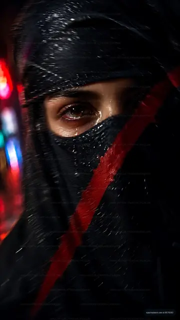 Woman with covered face in rain at night on city street