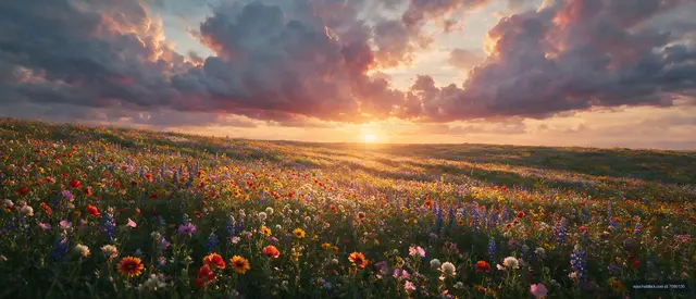 Sunset over a flower field with colorful blooms