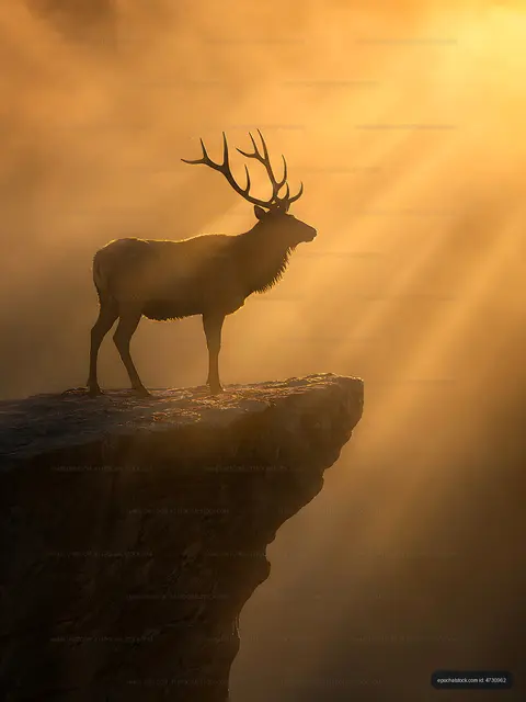 Deer standing on a cliff with sunlight breaking through fog