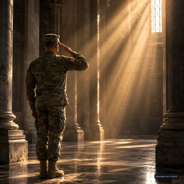 Soldier saluting in historic building with sunlight streaming