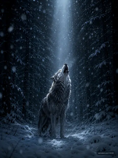 Wolf howling in snowy forest with light shining through trees