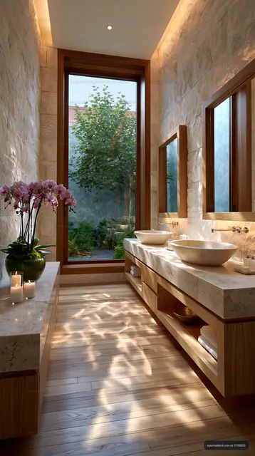 Modern bathroom with natural light and plants
