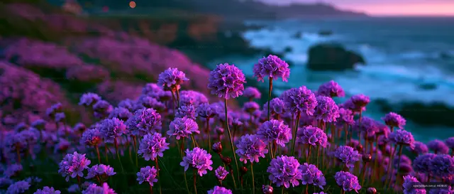 Vibrant purple flowers along the coastline at sunset