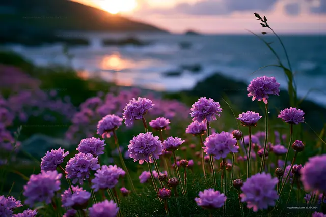 Vibrant purple flowers by the coast during sunset