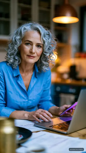 Senior woman working on laptop at home with smartphone in hand