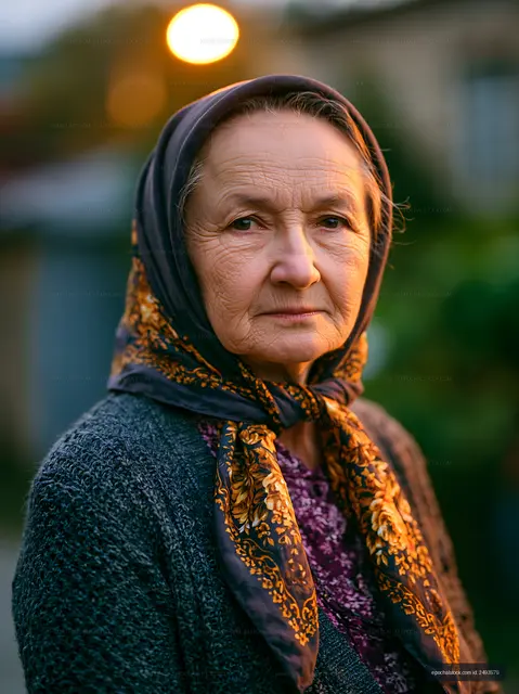 Elderly woman with a headscarf standing outside at dusk