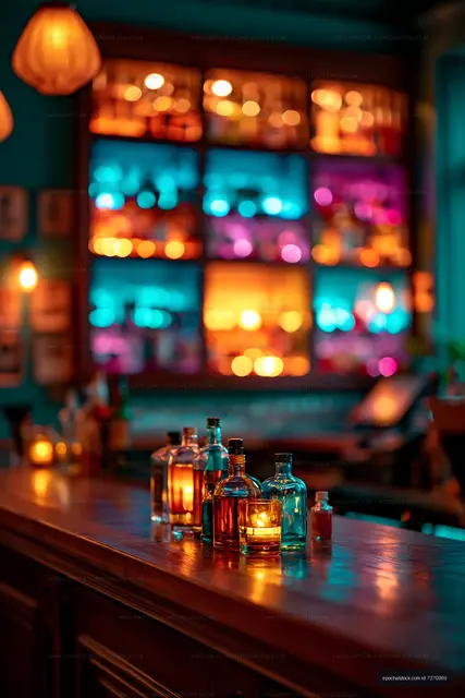Colorful bottles on bar in a dimly lit space