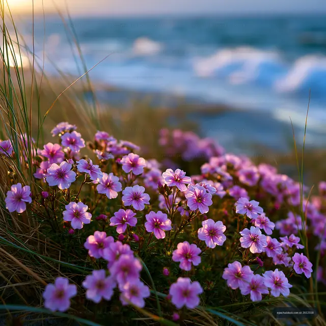 Flowers bloom by the shore with waves in the background