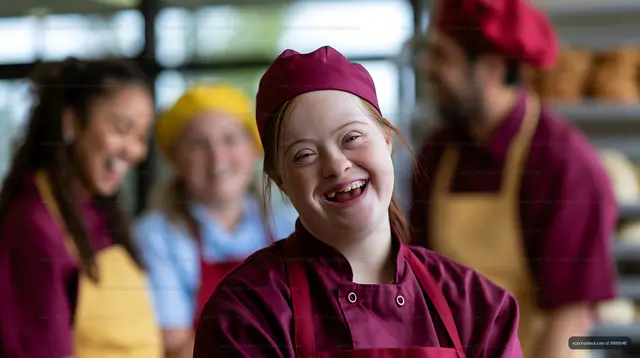 Group of young people in bakery smiling and wearing chef uniforms