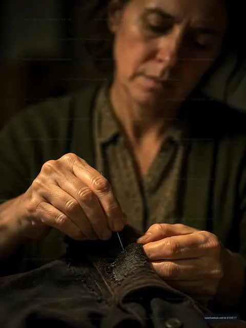 Woman sewing a garment with needle and thread