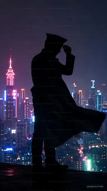 Silhouette of a figure against a colorful city skyline at night