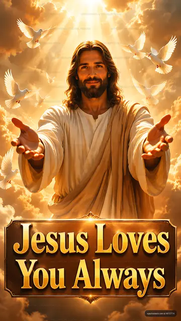 Jesus spreads love and hope with open hands under bright clouds
